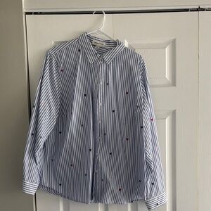 Coldwater Creek Blue and White Striped Blouse with Heart accents